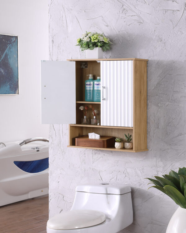 575db18f46d24456ba76dc9e3425fe0d_9cb4eadf3d82b24283f02b1d8fdbbbfe Bathroom Wall Cabinet with Double - Door, Bottom Shelf, Wavy - Patterned Doors, Adjustable Inner Shelf, Easy Installation, White & Natural Wood