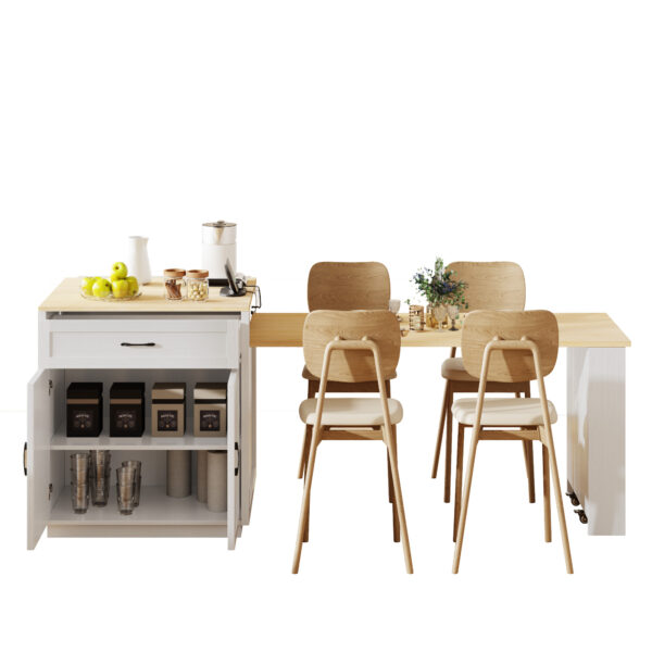 K&K 82.7 inch Kitchen Island with Extendable Dining Table for 4-6 Person,Two-tone Kitchen Table with Double-sized Storage, Power Outlet, Kitchen island with Storage 2 Drawers 2 Side Open Shelves,White