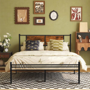 Queen Size Metal Bedframe with Wood Panel Headboard - Black+Brown