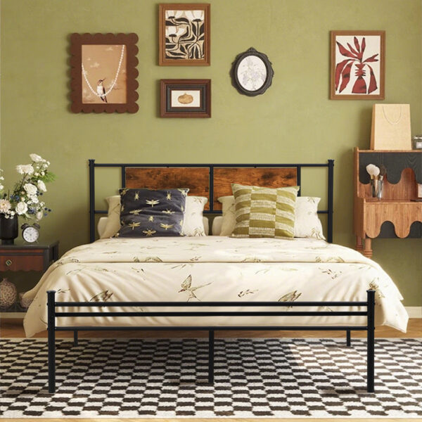 58484296928e4fcd85d311d0b97e1a93_a8a2d1ae5ed761ece431dcdd85b47837 Queen Size Metal Bedframe with Wood Panel Headboard - Black+Brown