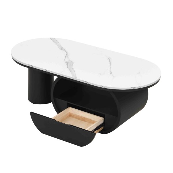 Luxury Modern Oval Coffee Table, 47.24'' Coffee Table with Storage Drawer, Faux Marble Top, Black Metal Center Table for Living Room