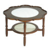 Mid-Century Style Coffee Table with Petal Shape and White Crackle Pattern Glass, 2-Tiered Coffee Table with Rattan, Walnut, 31.5"