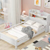Wood Twin Size Platform Bed with Built-in LED Light, Storage Headboard and Guardrail, White