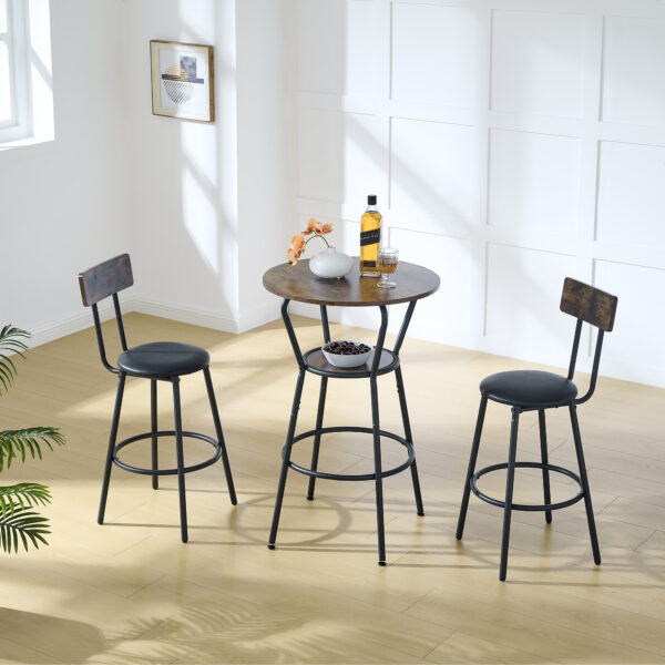 599bcc36d3184fe79ade6768074981fd_20240113_bfa72b8ecc01566bd8dc663a3447ddba Round bar table and stool set with shelf, upholstered stool with backrest, Rustic Brown, 24.17"W x 24.17"D x 36.02"H