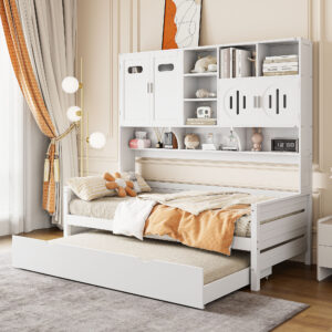 Twin Size Wooden Daybed With Twin Size Trundle, and All-in-One Cabinet and Shelf, White