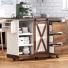K&K 55.5" Farmhouse Kitchen Island with Drop Leaf, Kitchen Storage Island with Barn Door, Power Outlet, Rolling Kitchen Cart on Wheels with Spice Rack, for Home, Kitchen, Dining Room, White