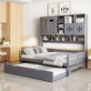 Full Size Wooden Daybed With Twin Size Trundle, and All-in-One Cabinet and Shelf, Gray