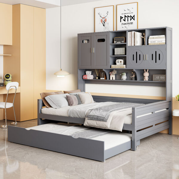 Full Size Wooden Daybed With Twin Size Trundle, and All-in-One Cabinet and Shelf, Gray