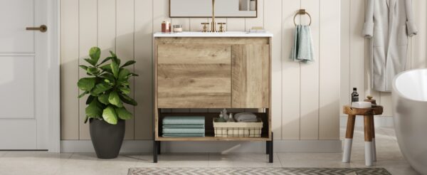 30" Modern Wood Fixture Bathroom Vanity, Bathroom Cabinet with Sliding Drawer, Bathroom Storage Cabinet with Ceramic Basin Sink Top, Single Bathroom Vanities Cabinet with Doors and Open Shelf