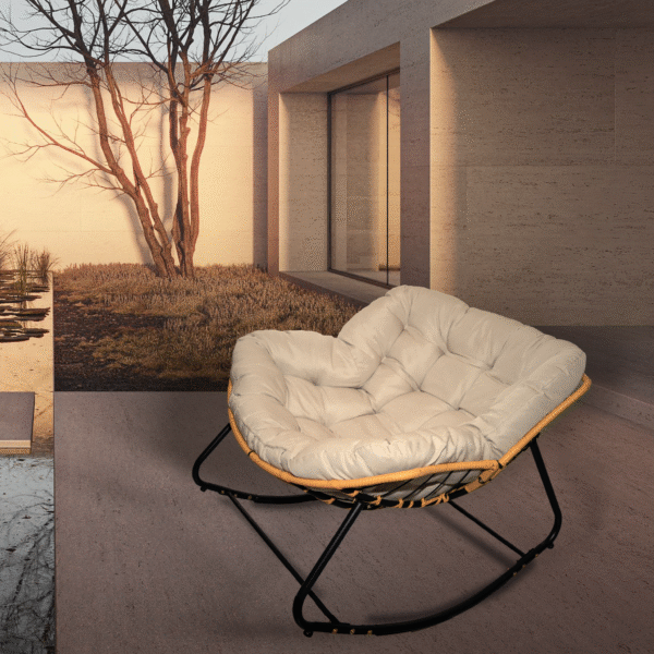 Outdoor Rocking Chair, Patio Egg Rocking Chair, Indoor Papasan Chair, Rattan Wicker Lounge Chair, Modern Royal Chair for Bedroom, Living Room, Porch, Garden,Lawn-Beige