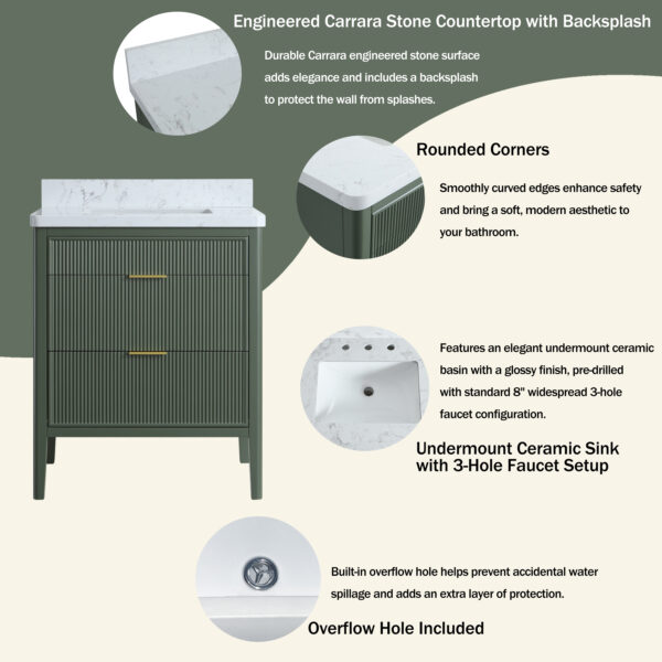 Fully Assembled 30''  Green Freestanding Single Sink Bathroom Vanity with Solid Wood Construction and Engineered Marble Top