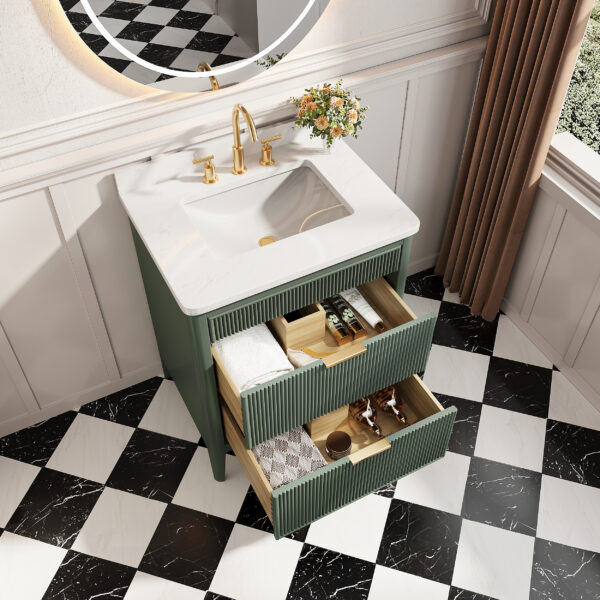 Fully Assembled 30''  Green Freestanding Single Sink Bathroom Vanity with Solid Wood Construction and Engineered Marble Top