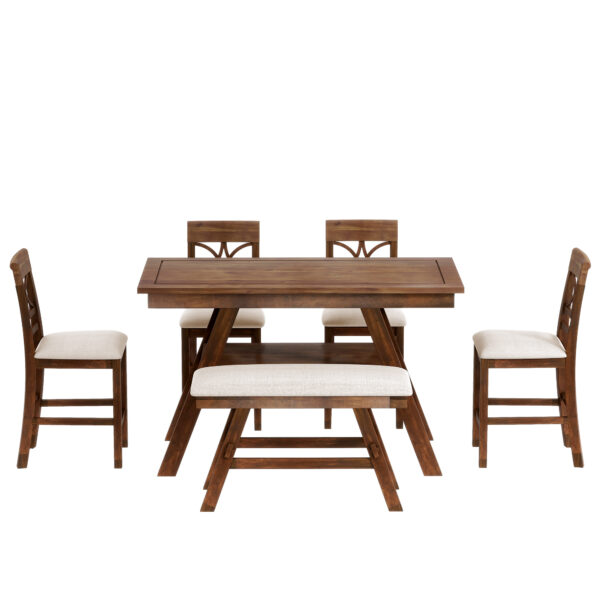 TOPMAX 6-Piece Wood Counter Height Dining Table Set with Storage Shelf, Kitchen Table Set with Bench and 4 Chairs,Rustic Style, Walnut+Beige Cushion (old sku: SH000257AAD)