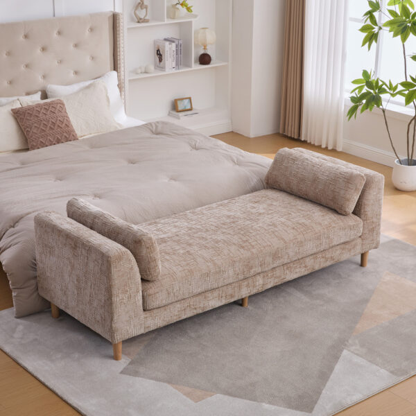 83.1"Wide Modern Upholstered End of Bed Bench with Armrests, Chenille Chaise Lounge Couch with 2 Bolster Pillows, Daybed with Rubberwood Legs For Living Room,Bedroom,Apartment,Guestroom, Wheat