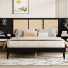 Queen Size Solid Wood Bed Frame with 2 Nightstands, Elegant Design with Lamps, Rattan and Wood Combination,Black