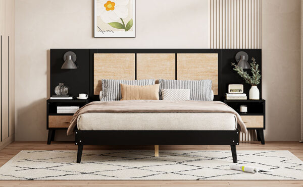 Queen Size Solid Wood Bed Frame with 2 Nightstands, Elegant Design with Lamps, Rattan and Wood Combination,Black