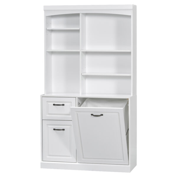Bathroom Storage Cabinet with Tilt-Out Hamper, 70.9'' Tall Free Standing Organizer with Drawers & Adjustable Shelves, MDF Linen Tower with Steel Handles, White Finish