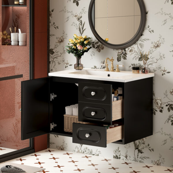 30" Bathroom Vanity with Ceramic Sink, Mid-Century Bathroom Vanity Cabinet with 2 Drawers, Bathroom Vanities Cabinet with Large Storage Space
