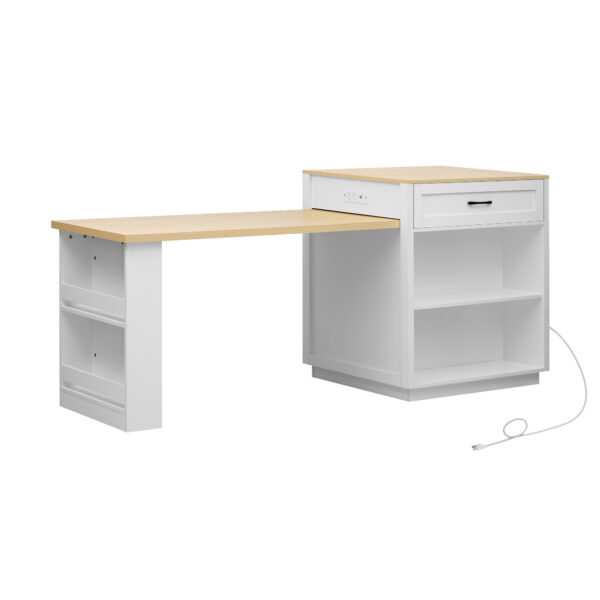 K&K 82.7 inch Kitchen Island with Extendable Dining Table for 4-6 Person,Two-tone Kitchen Table with Double-sized Storage, Power Outlet, Kitchen island with Storage 2 Drawers 2 Side Open Shelves,White