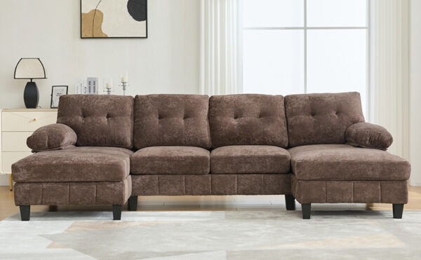 U-shaped Sectional Sofa 103.5" Chenille Fabric Couch with Dual Chaise Lounges, Storage Pockets and Armrest Pillows for Living Room, Brown