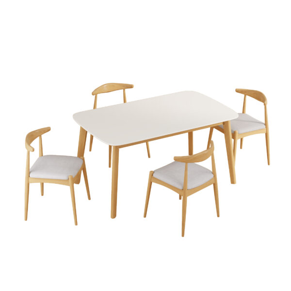 5-Piece Mid-Century Modern Dining Set - Solid Wood Frame Table + 4 Beige Upholstered Chairs(White Oak+Beige)