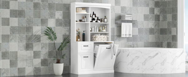 Bathroom Storage Cabinet with Tilt-Out Hamper, 70.9'' Tall Free Standing Organizer with Drawers & Adjustable Shelves, MDF Linen Tower with Steel Handles, White Finish