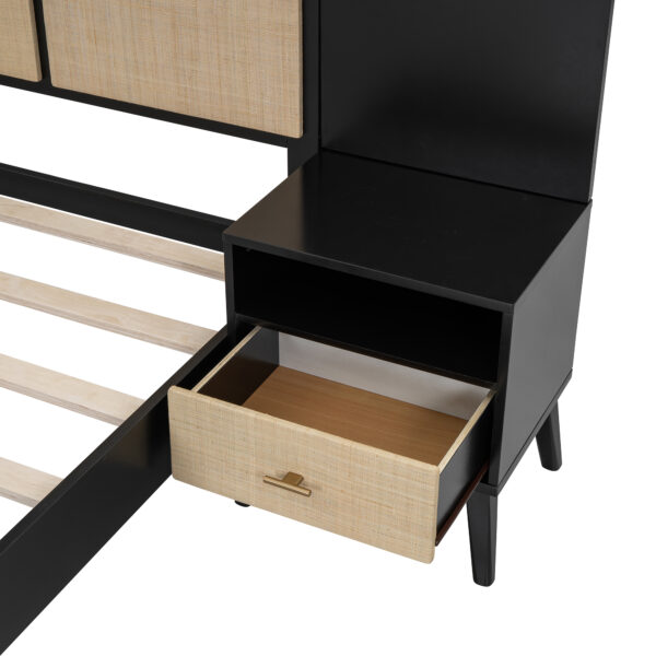 Queen Size Solid Wood Bed Frame with 2 Nightstands, Elegant Design with Lamps, Rattan and Wood Combination,Black