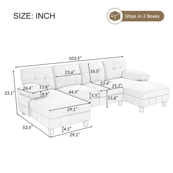 U-shaped Sectional Sofa 103.5" Chenille Fabric Couch with Dual Chaise Lounges, Storage Pockets and Armrest Pillows for Living Room, Brown