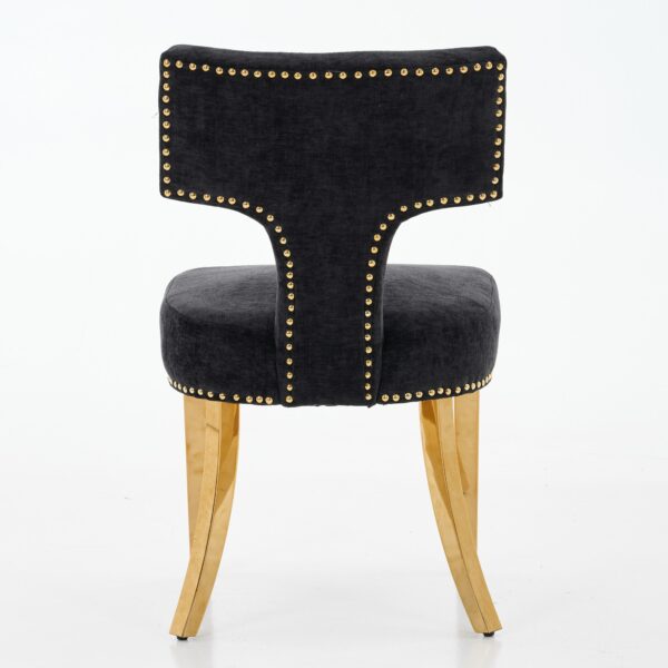 Mid Century Modern Dining Chairs Set of 2, Farmhouse Chenille Fabric Upholstered Accent Chair Curved Backrest with Copper Nails around,Kitchen Chairs with Golden Stainless Steel Plating Legs, Black