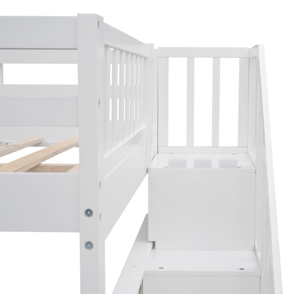 Stairway Full-Over-Full Bunk Bed with Storage and Guard Rail for Bedroom, Dorm, White color