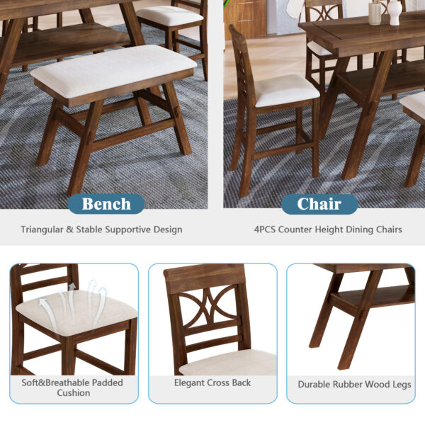 TOPMAX 6-Piece Wood Counter Height Dining Table Set with Storage Shelf, Kitchen Table Set with Bench and 4 Chairs,Rustic Style, Walnut+Beige Cushion (old sku: SH000257AAD)