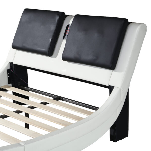 5ffc0ad256a944bfbe0385781cc567c7_20221205_0e67d3a200c3aaca1707c2cb586eba2b Faux Leather Upholstered Platform Bed Frame with led lighting ,Bluetooth connection to play music control,Backrest vibration massage,Curve Design, Wood Slat Support, No Box Spring Needed,Queen