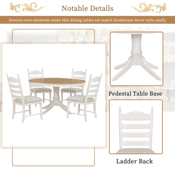 TREXM 5-Piece Retro Functional Dining Table Set Wood Round Extendable Dining Table and 4 Upholstered Dining Chairs (Off White)