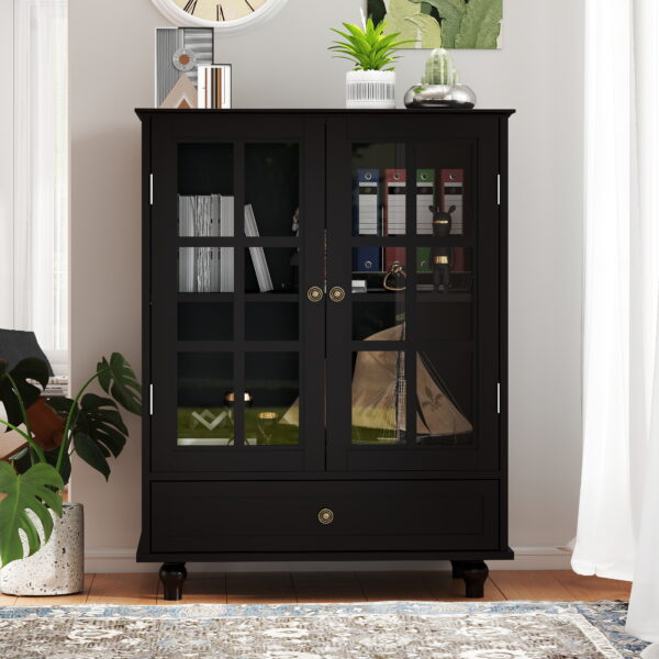 Minimalist Black Buffet Cabinet with Double Glass Doors and Drawer, Modern Wooden Storage Sideboard Cupboard for Living room, Dining Room Hallway Entryway(Black)