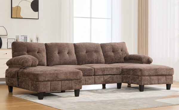 U-shaped Sectional Sofa 103.5" Chenille Fabric Couch with Dual Chaise Lounges, Storage Pockets and Armrest Pillows for Living Room, Brown