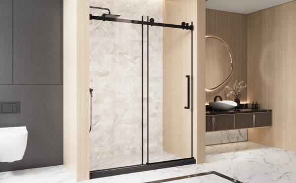 6151d878a91b47deb10ce0994594035d_d03829dcde1614f362cb3ef7bab0e36e Frameless Single sliding shower door 60 "W x 76" H, 1/4 "(6 mm) Clear Tempered Glass, Explosion Proof Film, Stainless Steel Handle Square Tube Track ,Matte Black