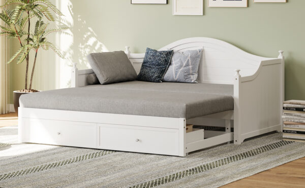 Twin Size Wood Daybed Extended Bed with Storage Drawers Wooden Sofa Bed for Living Room Guest Room, White