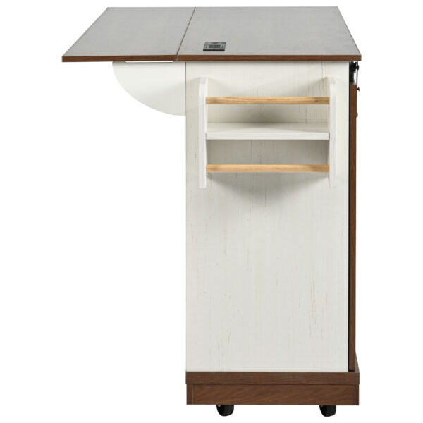 K&K 55.5" Farmhouse Kitchen Island with Drop Leaf, Kitchen Storage Island with Barn Door, Power Outlet, Rolling Kitchen Cart on Wheels with Spice Rack, for Home, Kitchen, Dining Room, White
