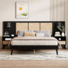 Queen Size Solid Wood Bed Frame with 2 Nightstands, Elegant Design with Lamps, Rattan and Wood Combination,Black
