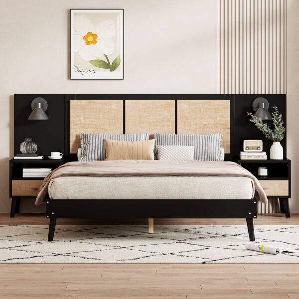 Queen Size Solid Wood Bed Frame with 2 Nightstands, Elegant Design with Lamps, Rattan and Wood Combination,Black
