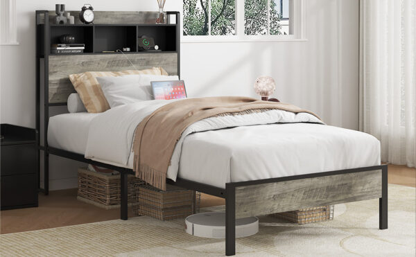 63ba73f54b4c479089b9195b40db51fe_257eddcee592d0ed0f4fb6f4e3756107 Full size bed frame, wooden platform bed frame, with storage and 2 USBs, no noise, no need for box springs, easy to assemble tools, large storage space under the bed, Antique Gray