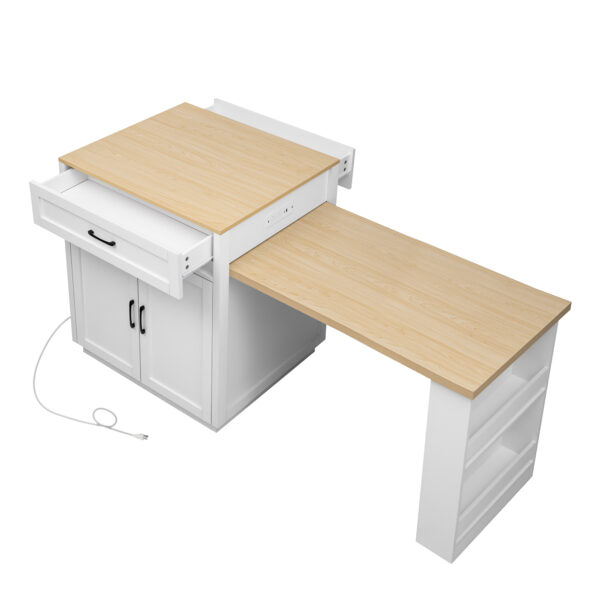 K&K 82.7 inch Kitchen Island with Extendable Dining Table for 4-6 Person,Two-tone Kitchen Table with Double-sized Storage, Power Outlet, Kitchen island with Storage 2 Drawers 2 Side Open Shelves,White