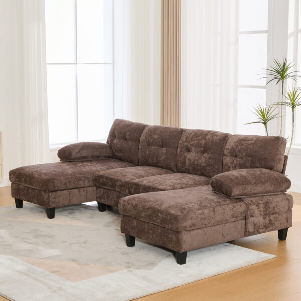U-shaped Sectional Sofa 103.5" Chenille Fabric Couch with Dual Chaise Lounges, Storage Pockets and Armrest Pillows for Living Room, Brown