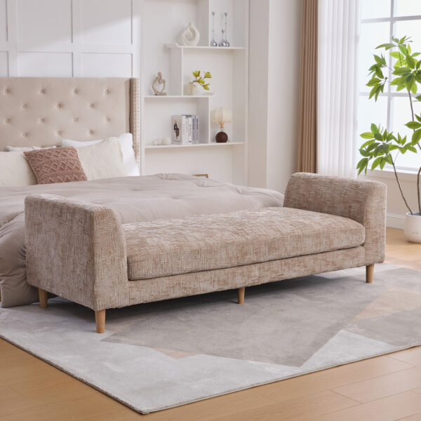 83.1"Wide Modern Upholstered End of Bed Bench with Armrests, Chenille Chaise Lounge Couch with 2 Bolster Pillows, Daybed with Rubberwood Legs For Living Room,Bedroom,Apartment,Guestroom, Wheat