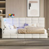 Upholstered Twin Size Daybed with Storage 2 Drawers and Charging Station, Day Bed Frame with LED Lights and Storage Headboard, No Box-Spring Needed, Beige