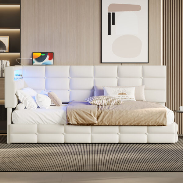 Upholstered Twin Size Daybed with Storage 2 Drawers and Charging Station, Day Bed Frame with LED Lights and Storage Headboard, No Box-Spring Needed, Beige
