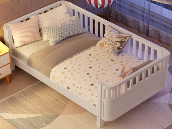 Twin Size Wood Platform Bed for Kids, Wood Low Profile Twin Bed with Rails for Girls and Boys, White (Patented Design)