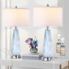 Modern Table Lamp Set of 2 Touch Control, 27" Tall Faded Swirl Blue Gray Art Glass Bedside Lamp with USB Ports, 3-Way Dimmable Hand Crafted Nightstand Lamps White Drum Shade for Living Room, Bedroom