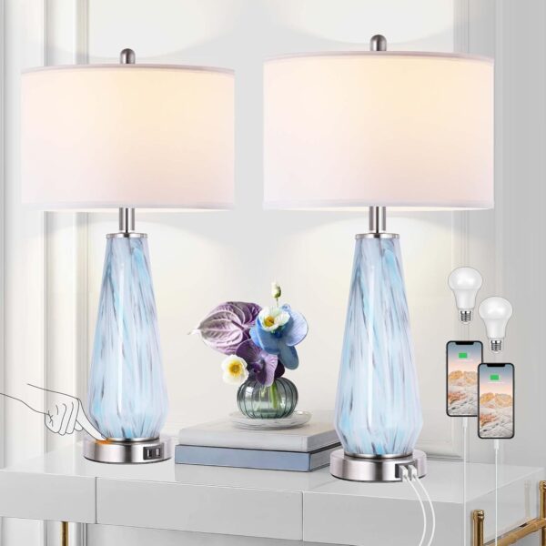 660412cc829145a2973439b2f7a9f65e_5730be63283c72bc11a04b146b202829 Modern Table Lamp Set of 2 Touch Control, 27" Tall Faded Swirl Blue Gray Art Glass Bedside Lamp with USB Ports, 3-Way Dimmable Hand Crafted Nightstand Lamps White Drum Shade for Living Room, Bedroom