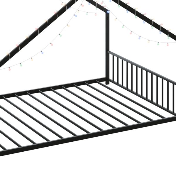 Full size children's bed frame with LED light strips, roof-shaped iron frame bed, Black,78.5" L x 55.9" W x 58.4" H.